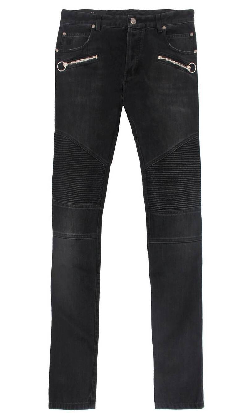 NEW BALMAIN men's monogram revers ribbed slim jeans in black